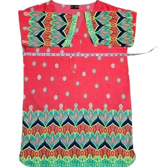 Isle by Melis Kozan Boho Abstract Caftan Dress L Coral Tropical Resort Tunic - Picture 10 of 10
